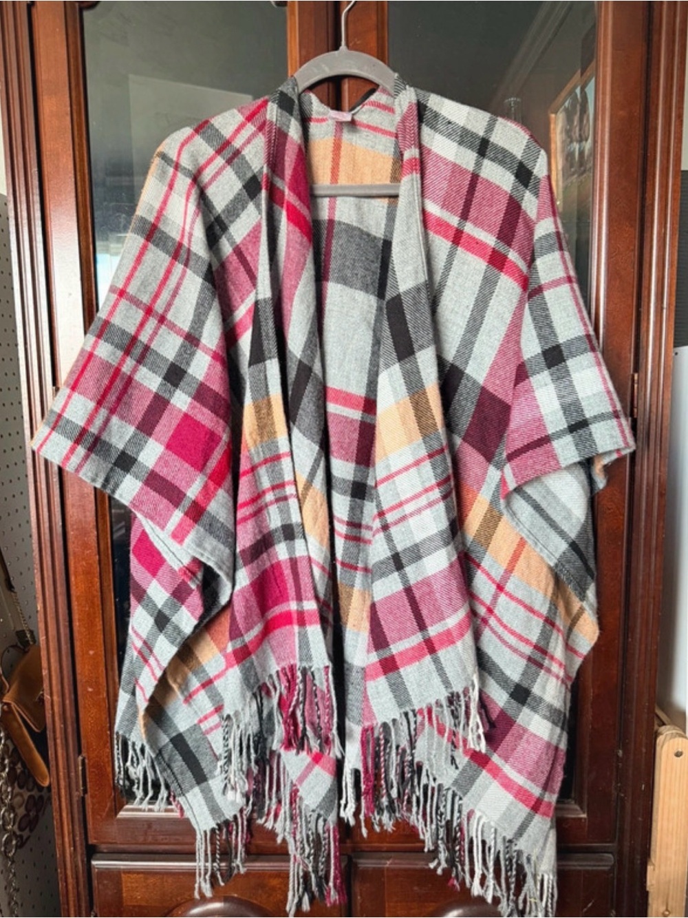 Plaid Fringe Poncho in Gray, Pink & Tan